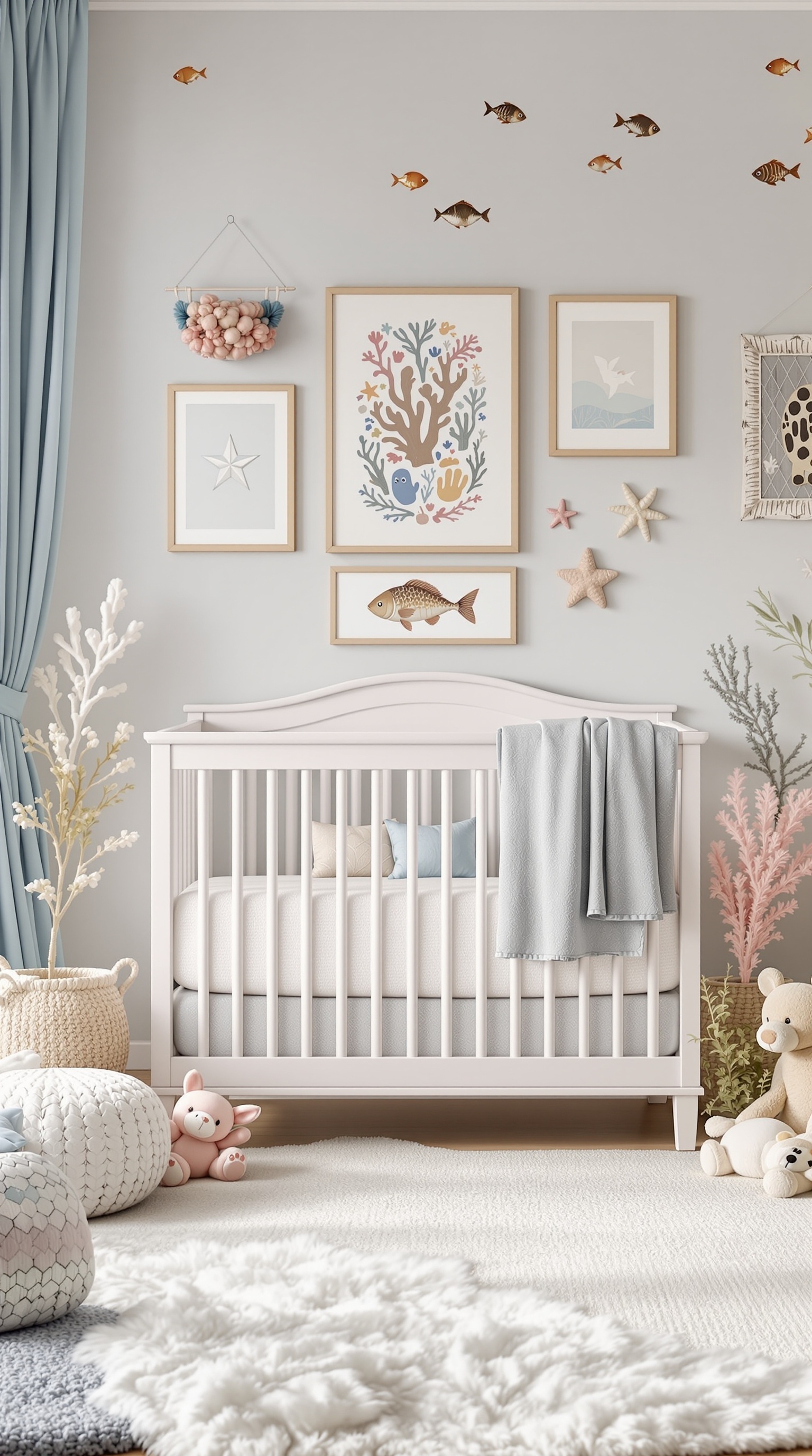 A baby boy's room decorated with an under the sea theme, featuring a crib, ocean-themed wall art, and soft textures.