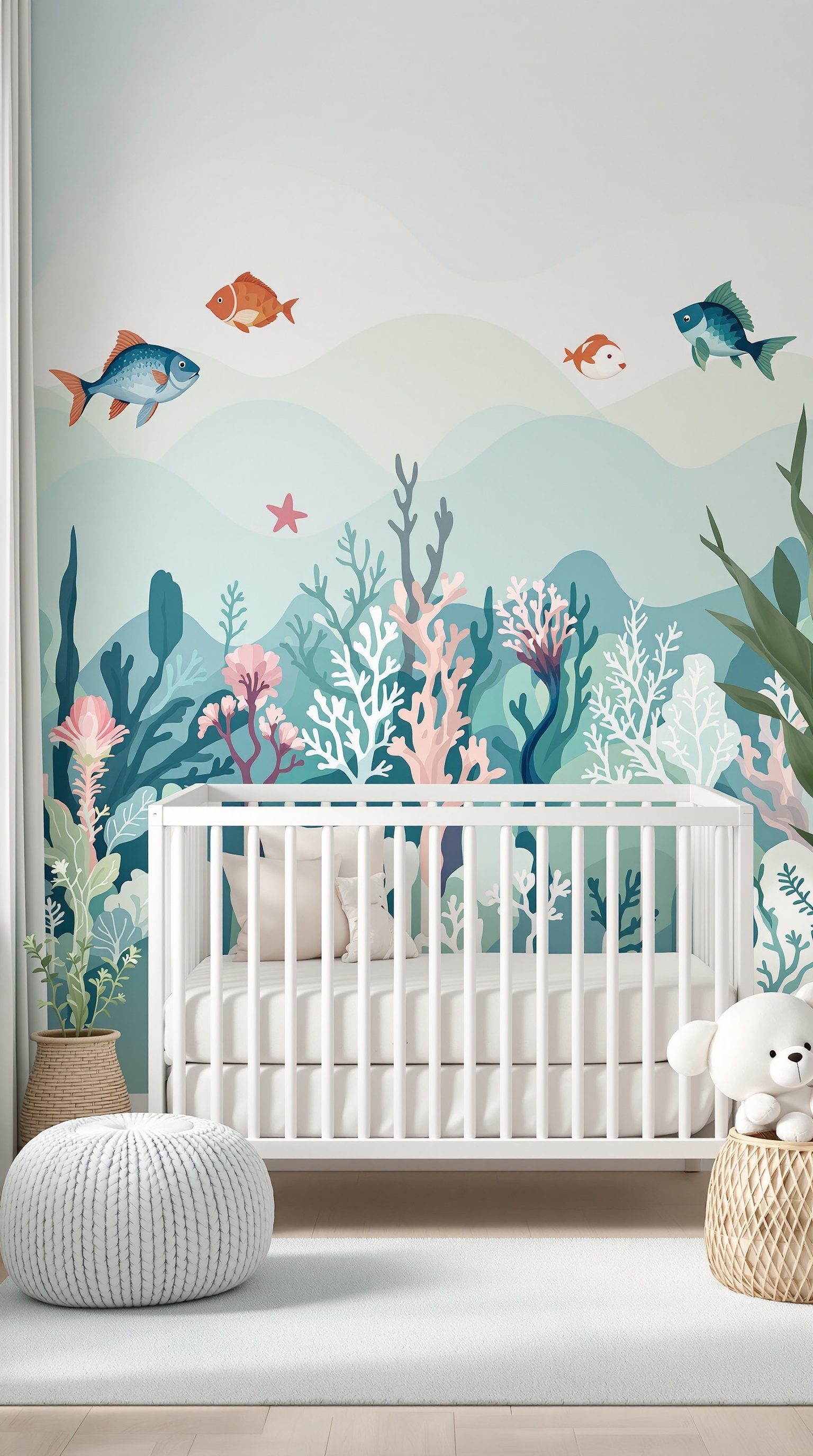 A nursery with an Under the Sea theme featuring a mural of fish and coral, a white crib, and soft decor.
