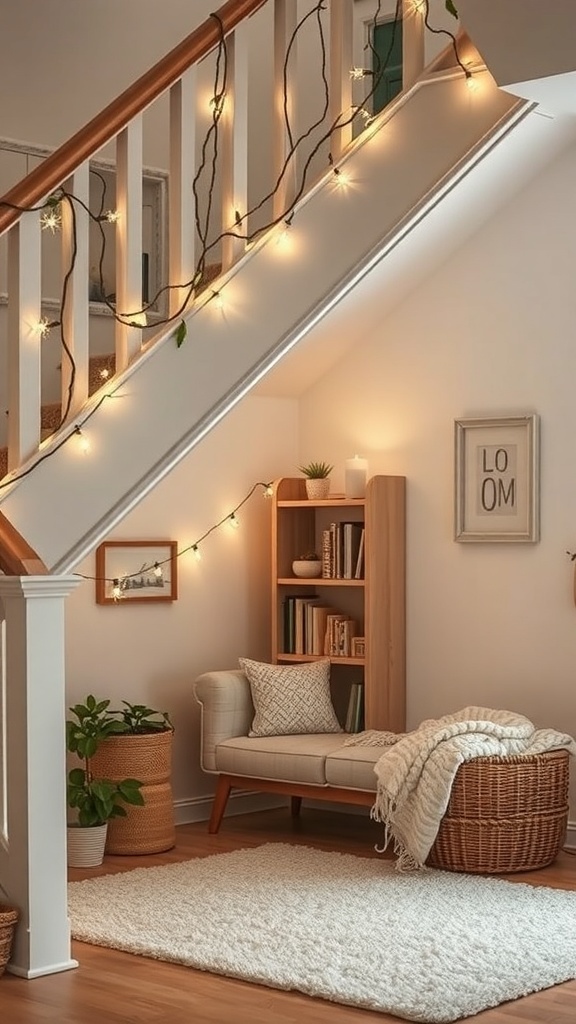 Cozy reading corner under the stairs with fairy lights, a comfortable chair, and a small bookshelf.