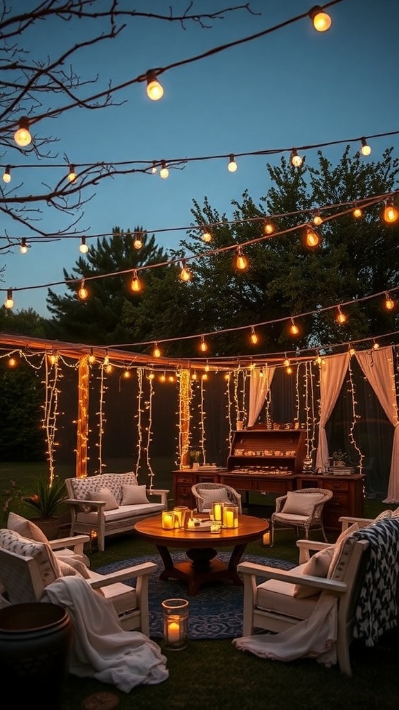 A beautifully decorated outdoor space for an evening bridal shower featuring string lights, cozy seating, and glowing candles.