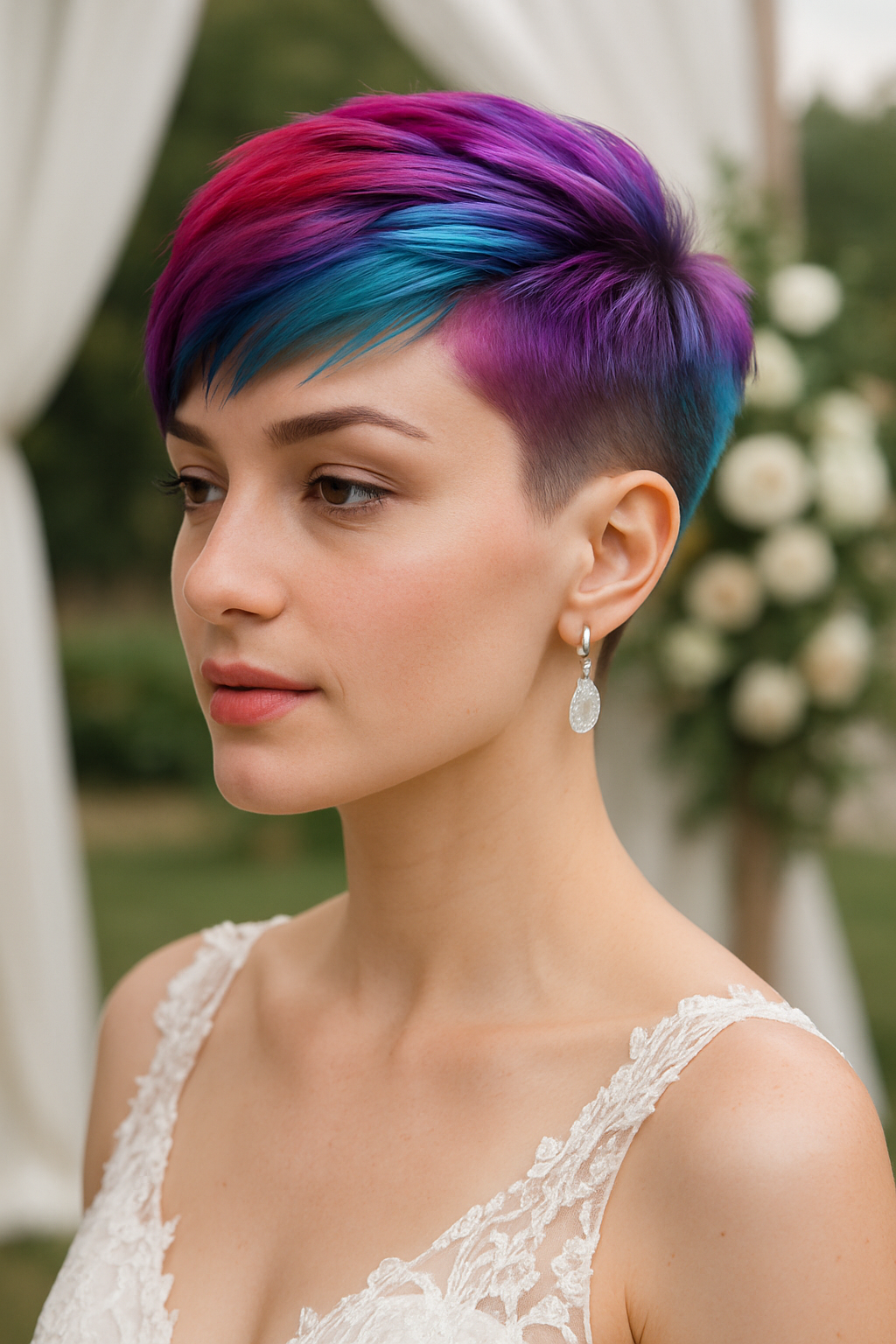A woman with an undercut pixie hairstyle featuring bold purple and teal colors, wearing a wedding dress.