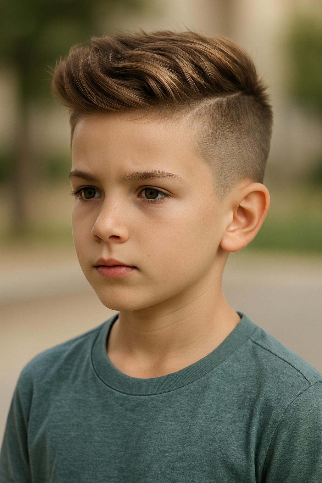 A young boy with an undercut hairstyle featuring a long top, looking stylish and modern.