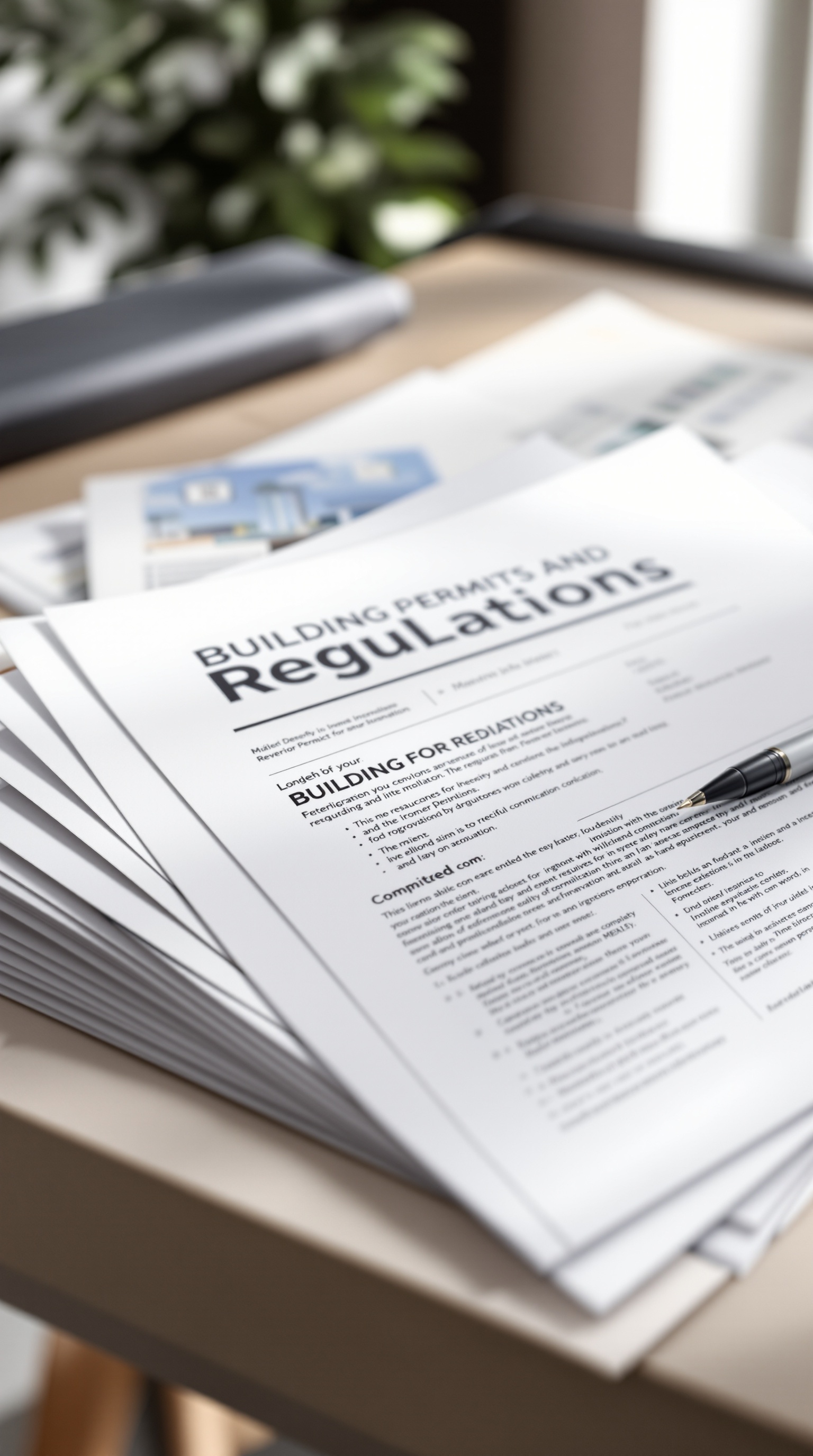 A stack of building permits and regulations documents on a table, with a pen resting on top.