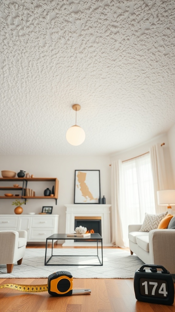A living room featuring a popcorn ceiling with tape measure and weights on the floor