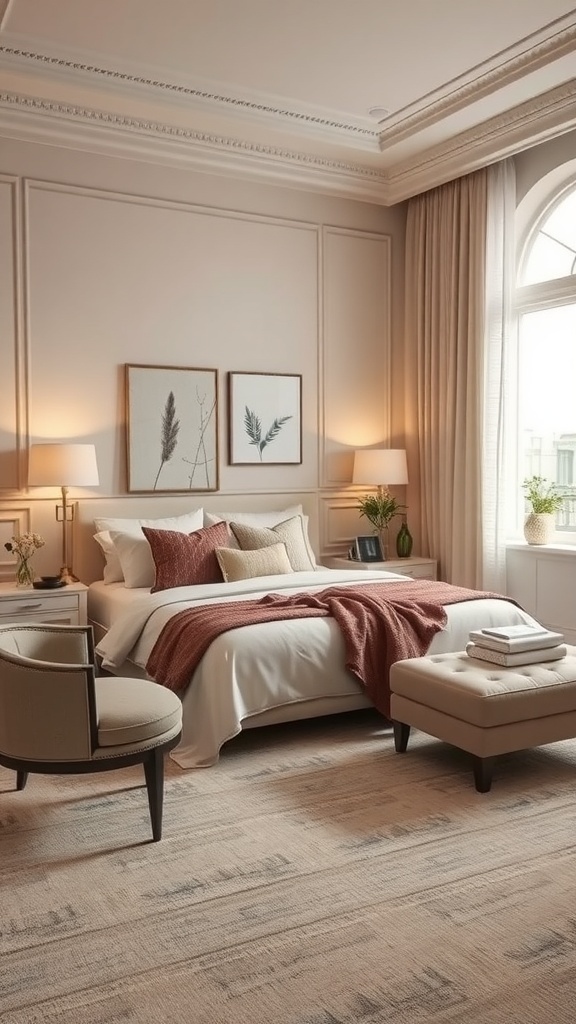 A stylish bedroom featuring a bed with white linens, a rust-colored throw, botanical artwork, and soft lighting.