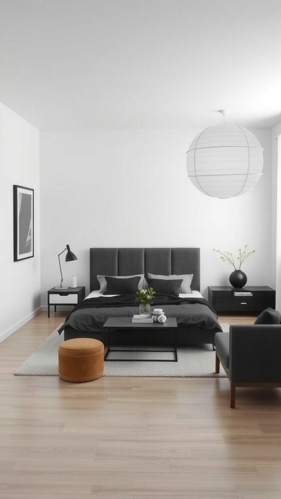 A modern bedroom featuring a monochrome color scheme with gray tones, a dark gray bed, and a pop of orange from a pouf.