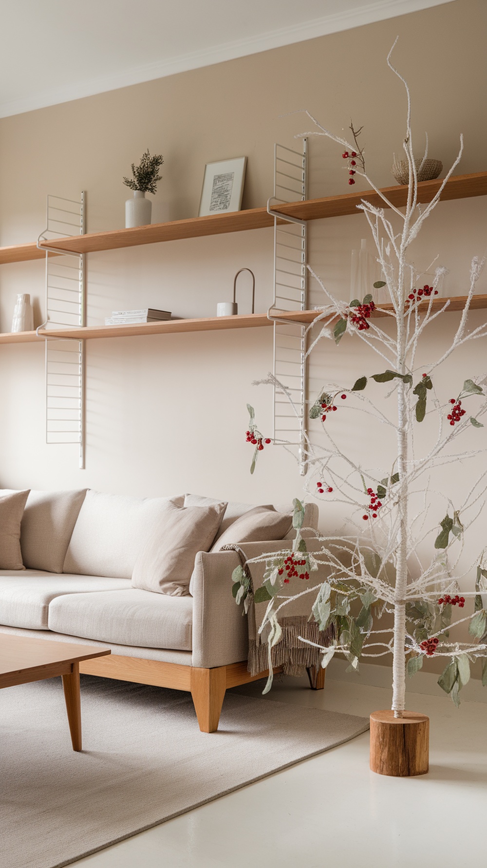 A minimalist Scandinavian living room featuring a white Christmas tree with red berries, a beige sofa, and wooden shelves.