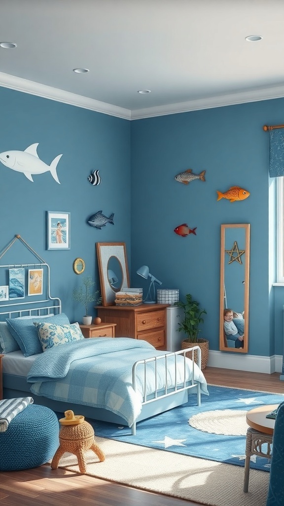 A boy's bedroom designed with an underwater theme featuring blue walls, fish decorations, and cozy bedding.