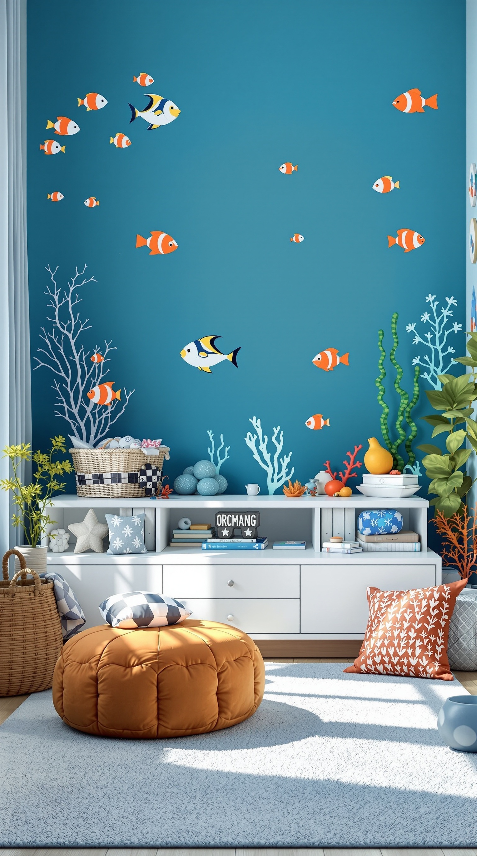 A boys' room designed with an underwater theme featuring colorful fish on blue walls, a cozy orange pouf, and ocean-themed decor.