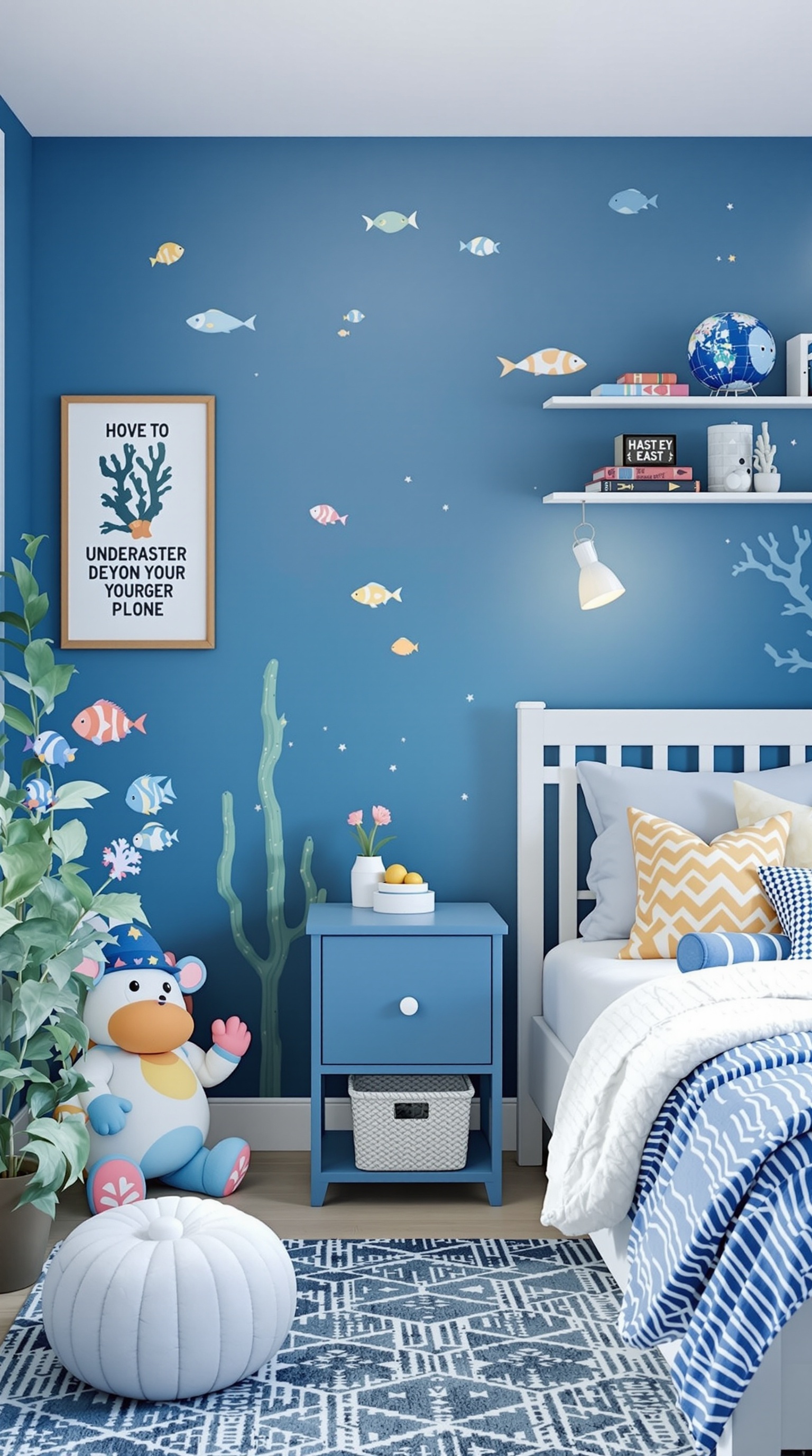 A blue kids room with underwater theme, featuring colorful fish on the walls, a blue nightstand, white bed, and playful decor.