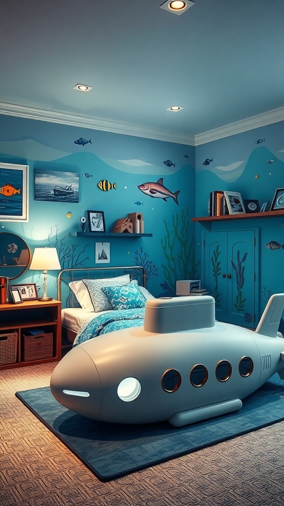 A boy's bedroom designed with an underwater theme, featuring a submarine-shaped bed and ocean-themed wall decor.
