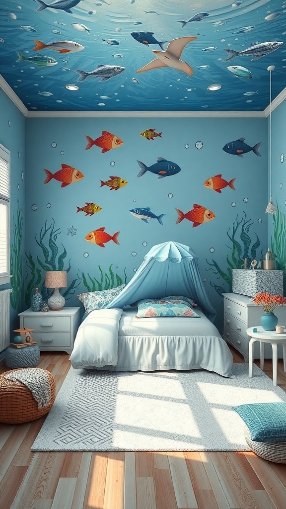 A children's bedroom with an underwater theme featuring colorful fish on the walls, a blue ceiling resembling water, and cozy furnishings.