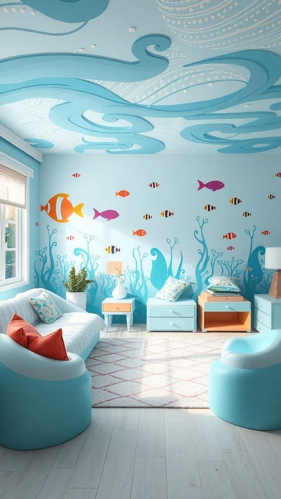 A children's bedroom designed with an underwater theme, featuring blue walls, colorful fish decals, and cozy furniture.