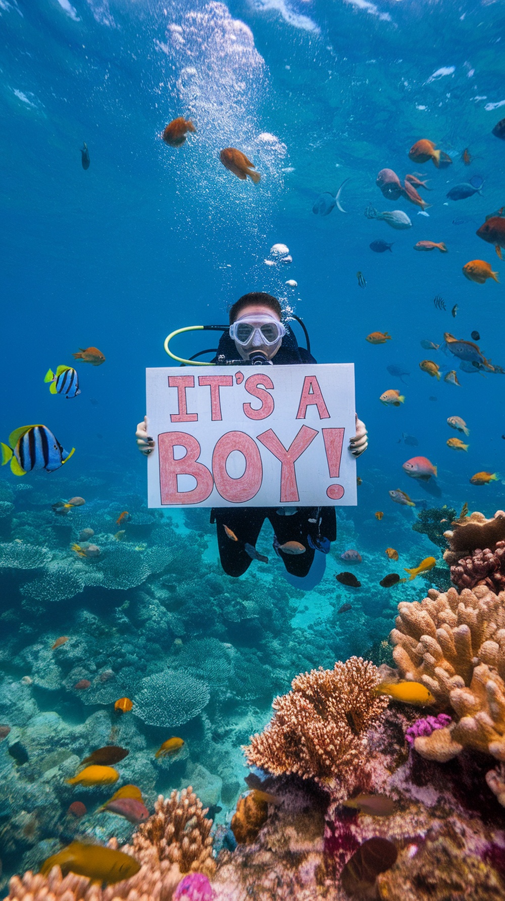 A diver underwater holding a sign that says 'It's a Boy!' surrounded by colorful fish and coral.