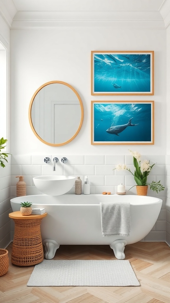 A stylish bathroom featuring two underwater photography displays above a modern bathtub.