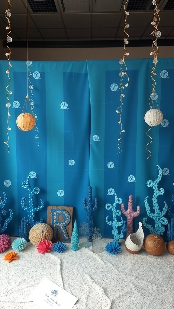 Underwater theme bridal shower backdrop featuring blue tones, coral decorations, and decorative elements.