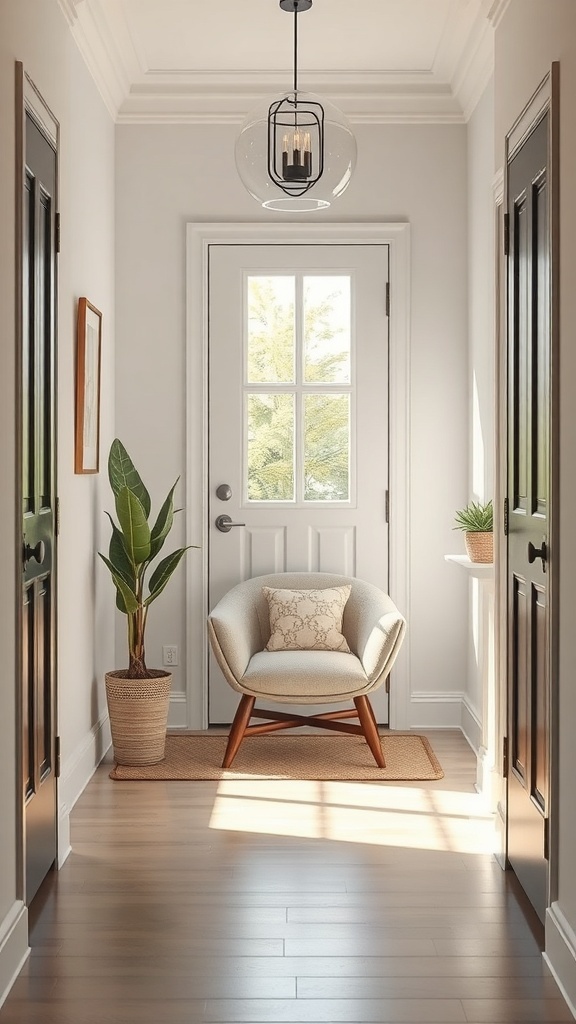 A stylish accent chair in a small entryway with a door and plants.