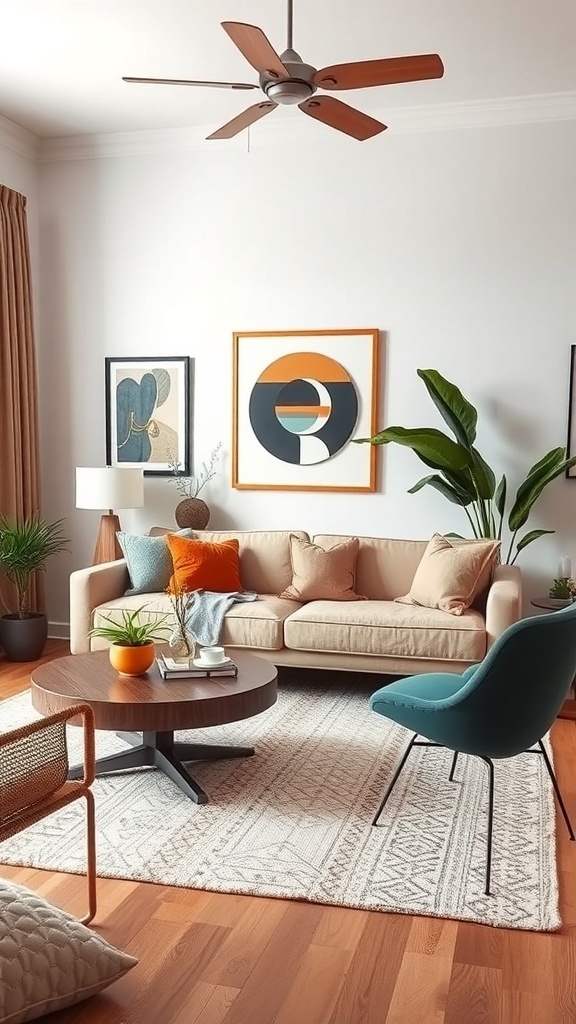 A cozy living room featuring a beige sofa with colorful pillows, a round wooden coffee table, and unique wall art.