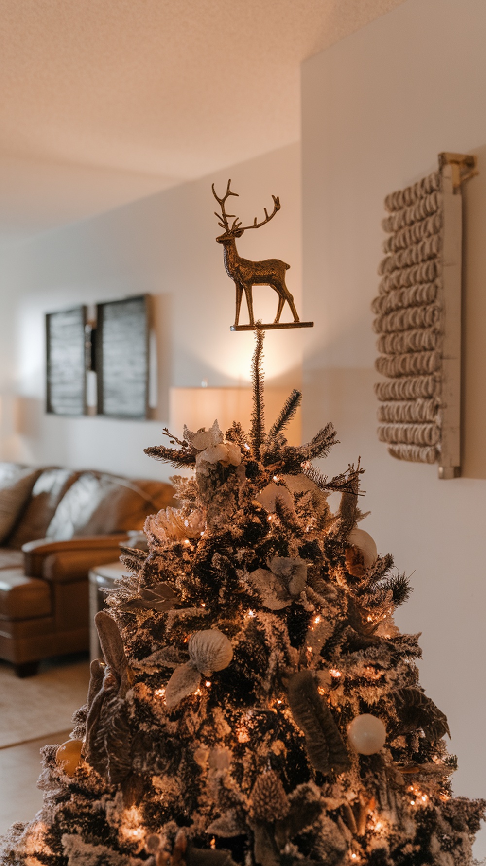 A Christmas tree with a reindeer figurine topper, decorated with snowy accents and warm lights.