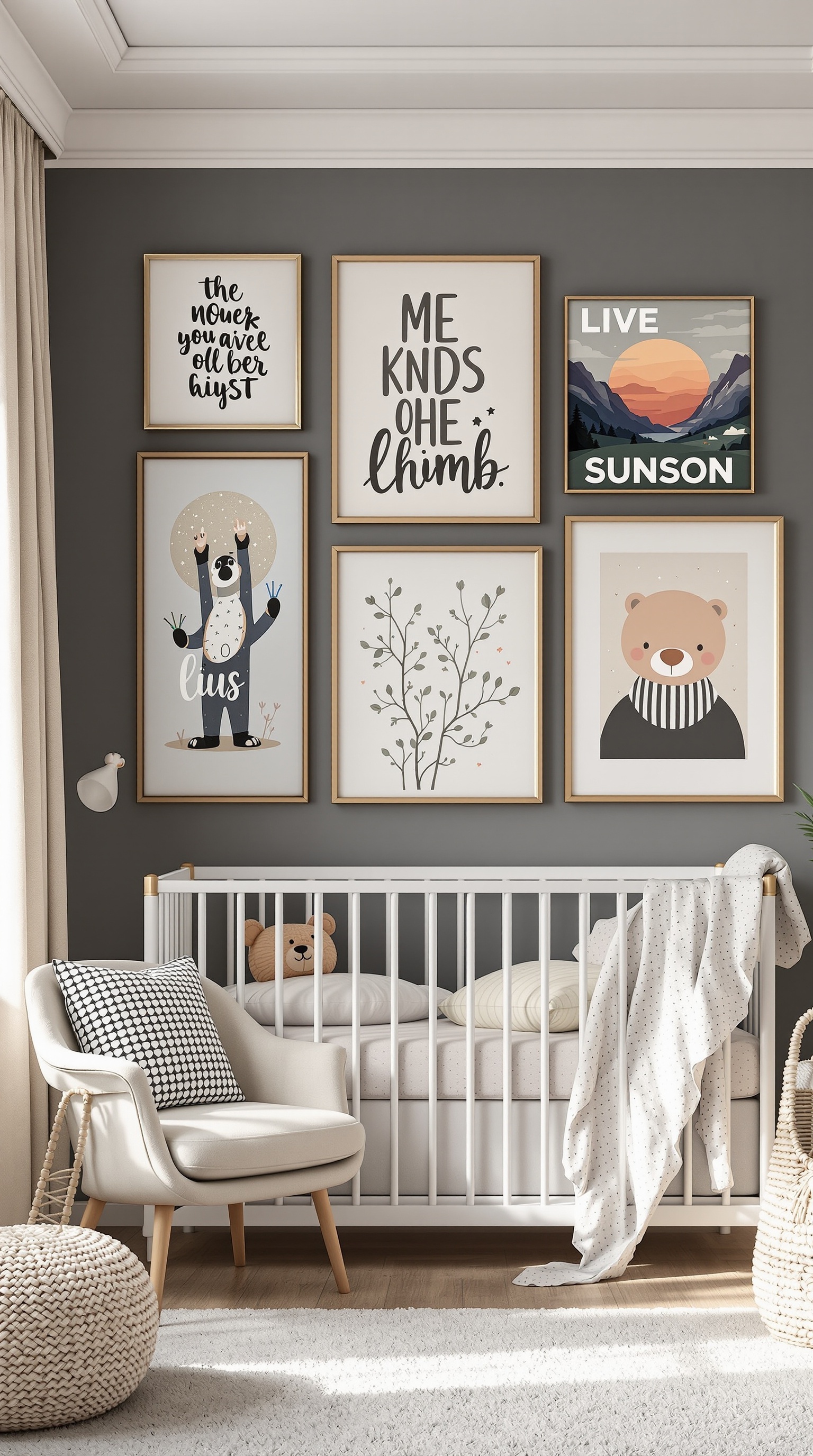 A stylish baby room featuring unique art pieces on the wall, including animal illustrations and motivational quotes.