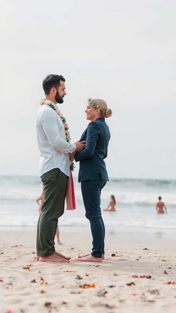 A couple standing on the beach, exchanging vows during their wedding ceremony.