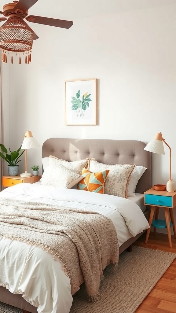A cozy boho bedroom featuring unique bedside tables with colorful accents and stylish lamps.