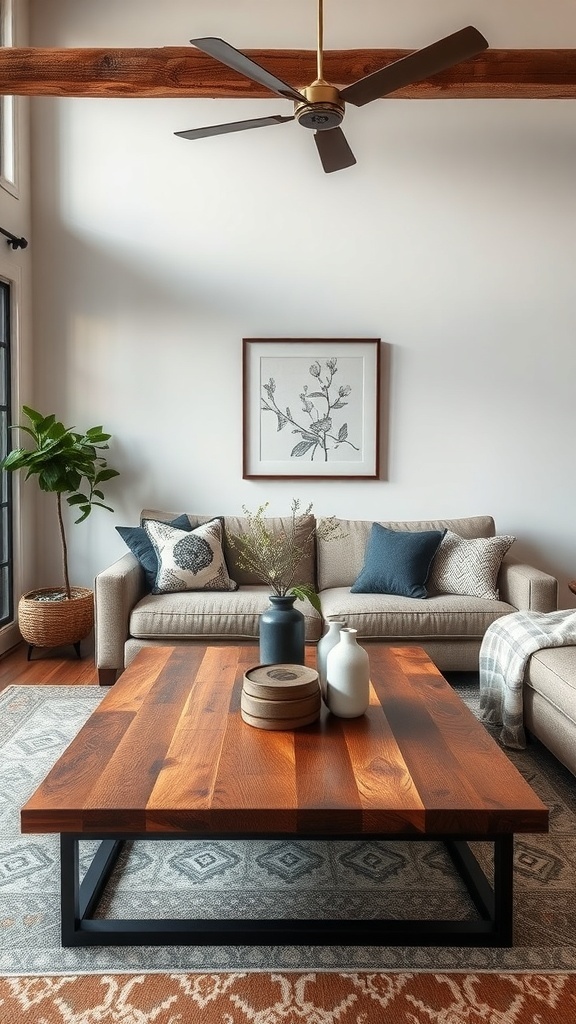 A rustic living room featuring a unique wooden coffee table with black metal legs, surrounded by a cozy sofa and decorative items.
