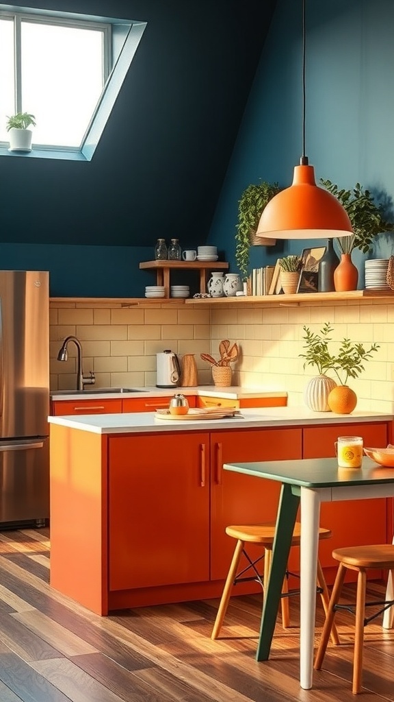 A colorful kitchen featuring orange cabinets, blue walls, and a green table.