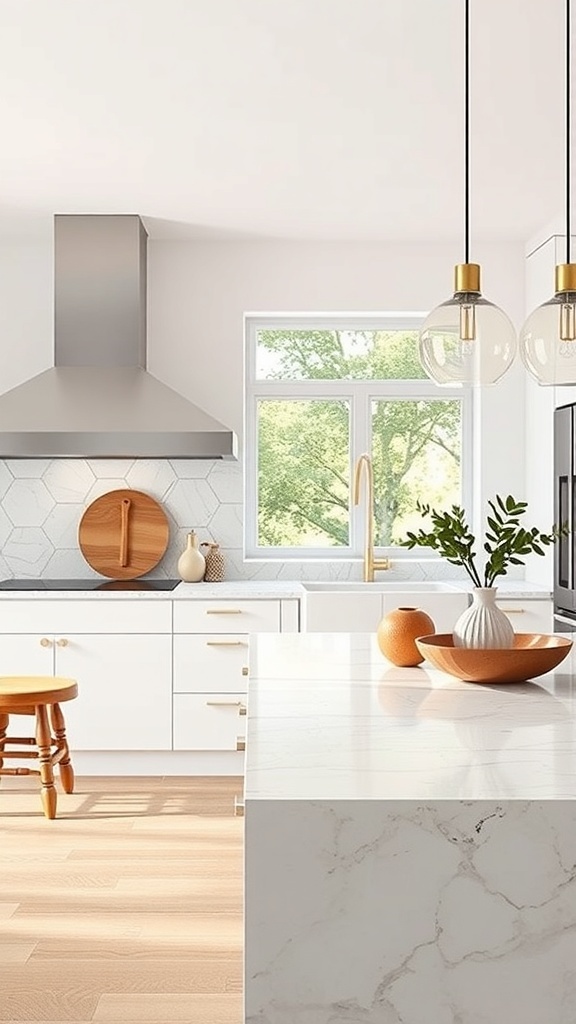 Modern kitchen with white marble countertop and geometric tile backsplash