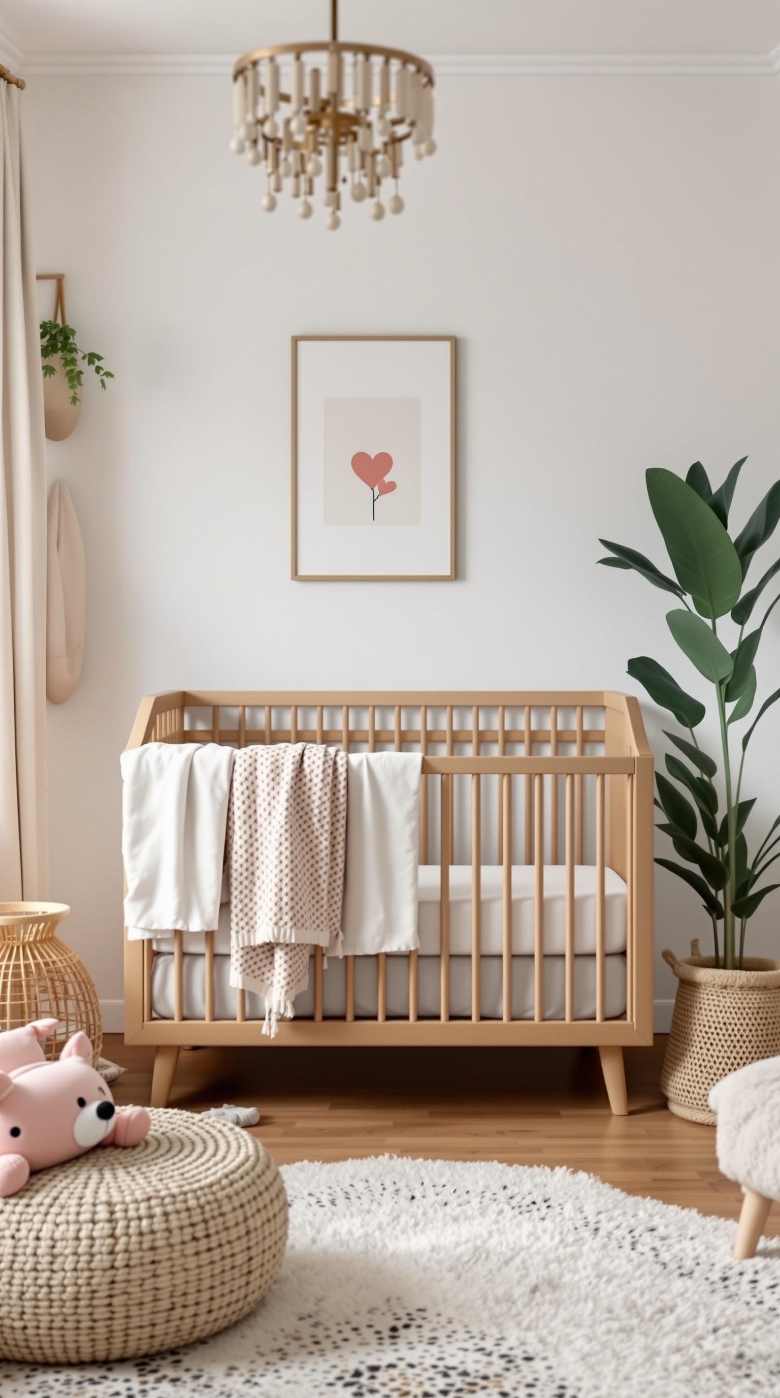 A stylish boho baby nursery featuring a wooden crib, soft blanket, and decorative elements.