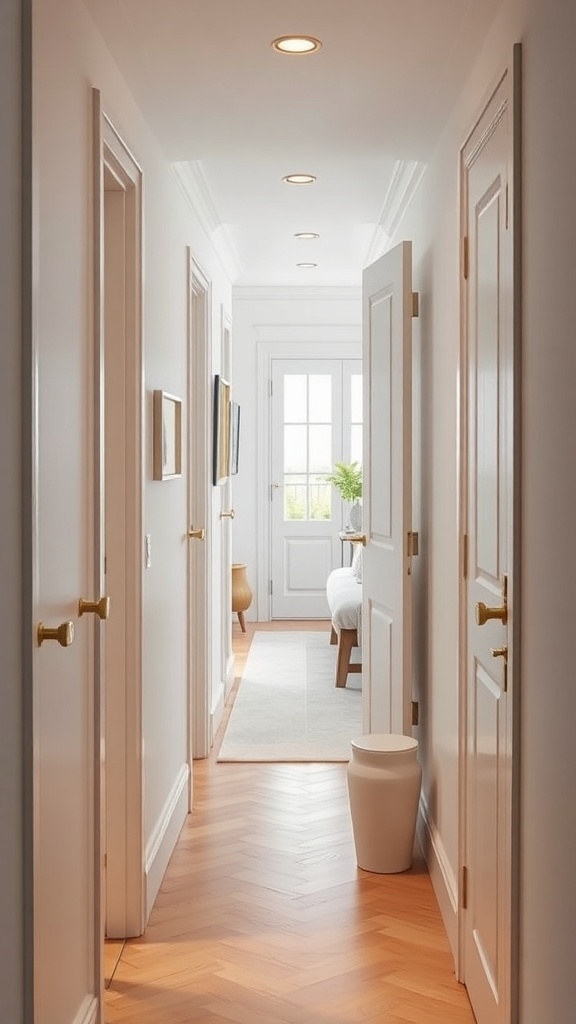 A well-lit small hallway with elegant door hardware and wooden flooring.