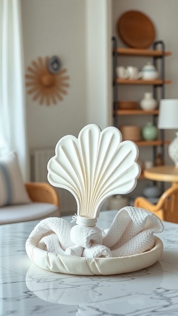 A creatively folded towel shaped like a fan shell, displayed on a marble table.