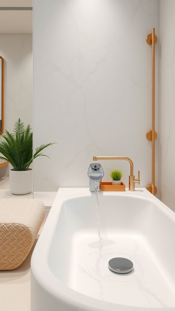 A modern bathroom featuring a unique faucet design with a sleek metallic finish, paired with a minimalist bathtub and greenery.