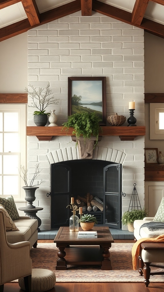 A rustic farmhouse fireplace with white brick, wooden mantel, and decorative plants.