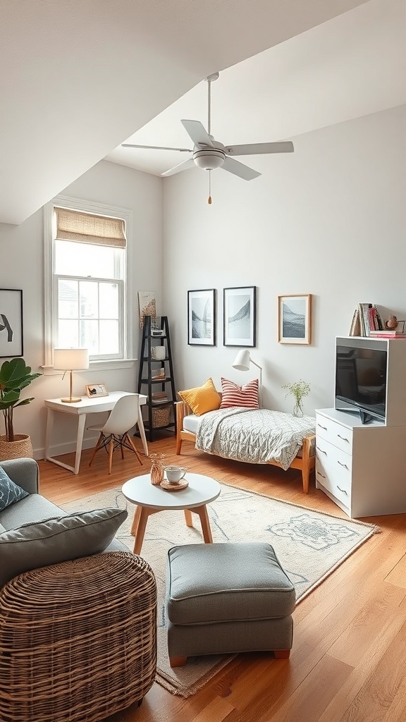 A cozy teen loft bedroom featuring a gray sofa, round coffee table, ladder shelf, and a stylish desk area.