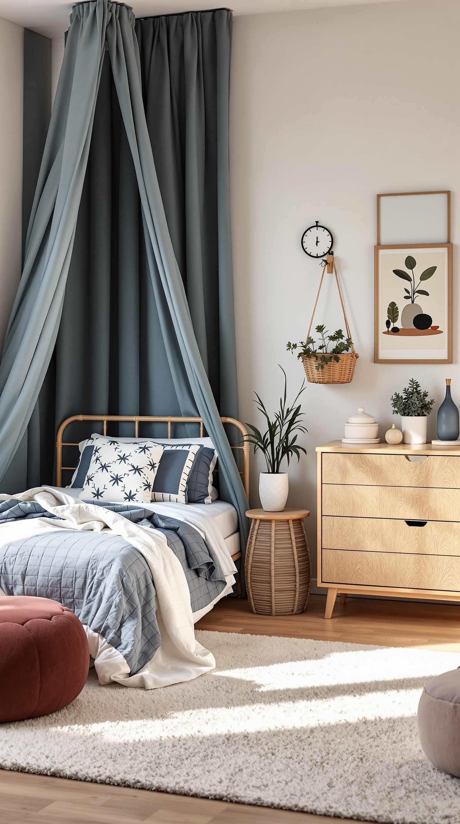 A stylish kids bedroom featuring a rattan bed, round poufs, and a cozy atmosphere.