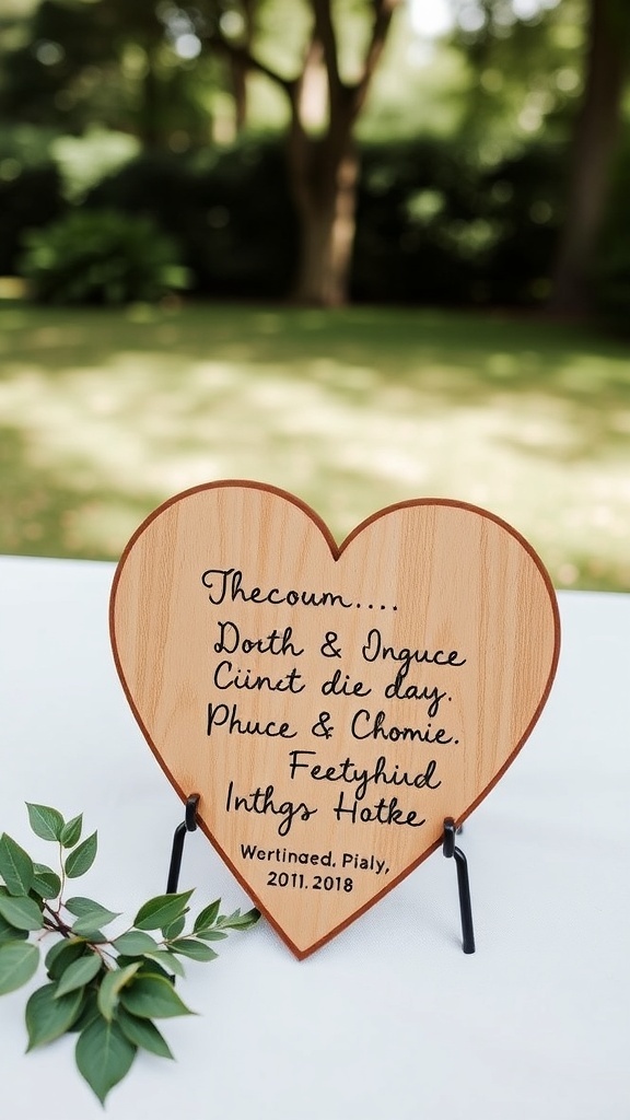 A wooden heart guest book on display in a backyard setting