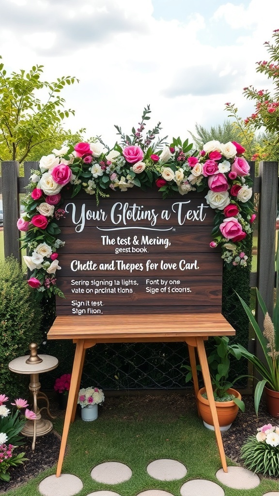 Decorative guest book sign surrounded by flowers at a garden party bridal shower.