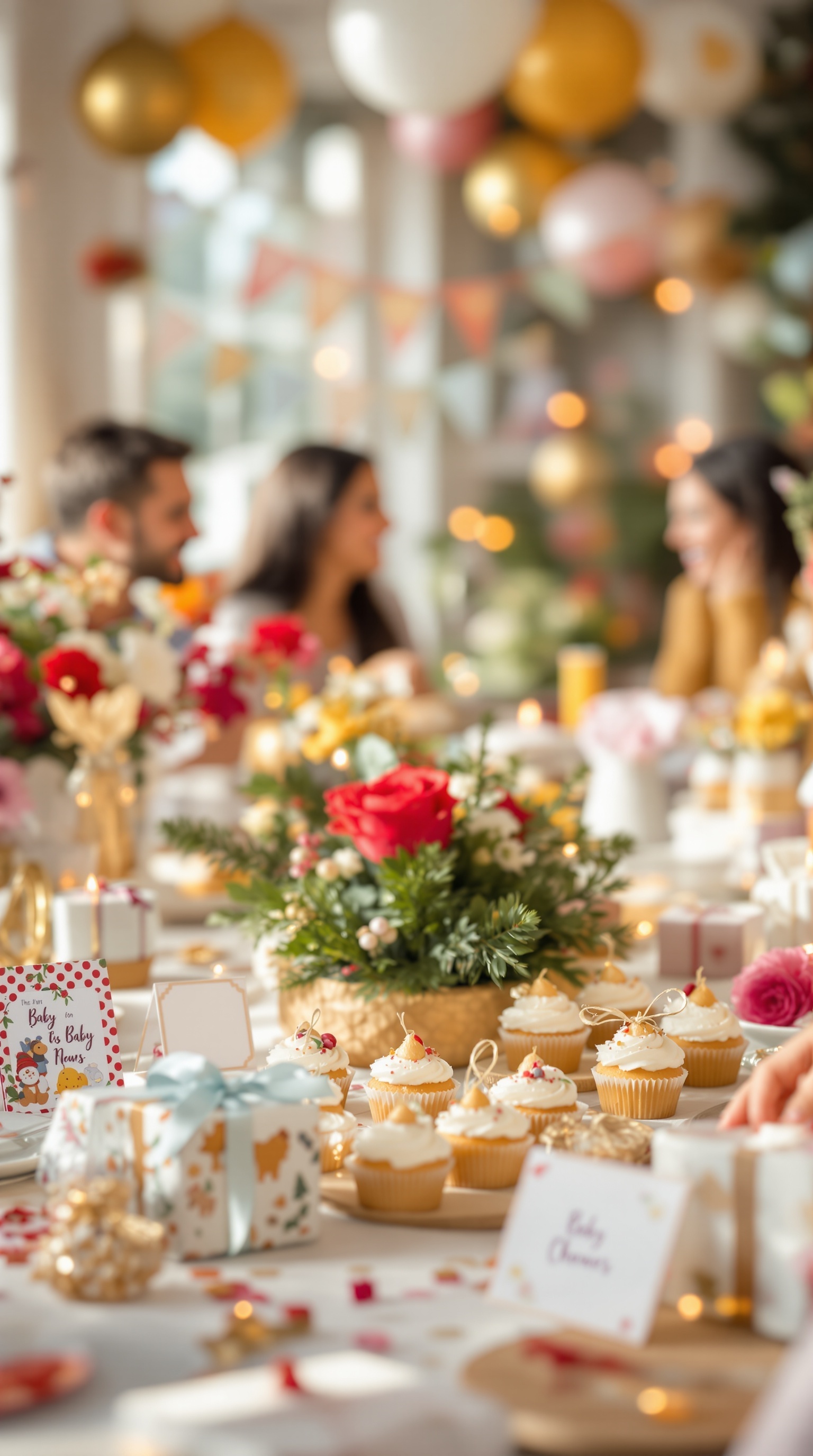 A beautifully decorated table for a Christmas baby shower featuring cupcakes, flowers, and holiday-themed decorations.