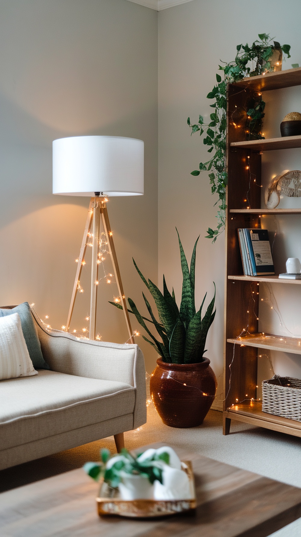 Cozy living room with a lamp wrapped in fairy lights and a potted plant