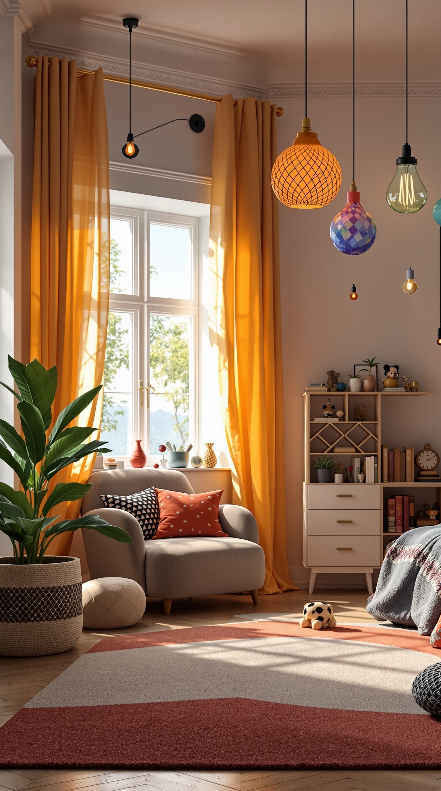 An eclectic kids room featuring unique hanging lighting fixtures, colorful curtains, and a cozy seating area.
