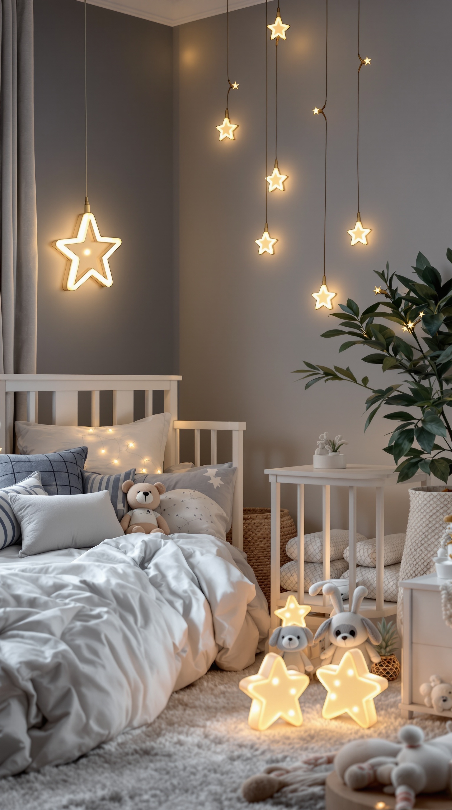 A baby boy's bedroom featuring star-shaped lighting fixtures, soft bedding, and plush toys.