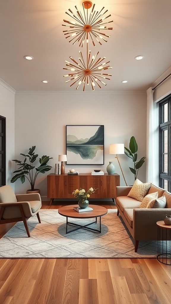 Cozy mid-century modern living room with unique starburst lighting fixtures.