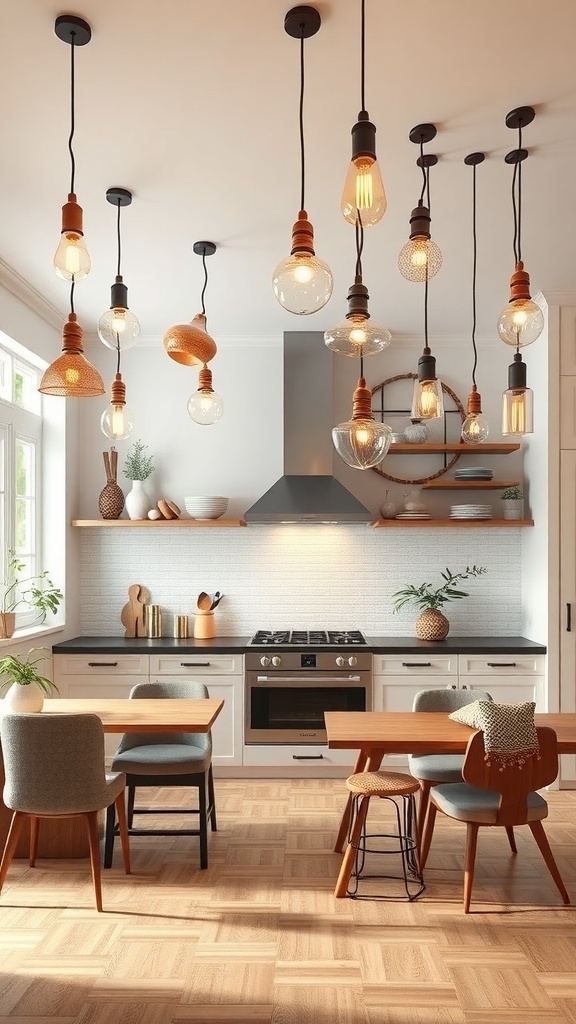 An eclectic kitchen with various unique lighting fixtures hanging from the ceiling.