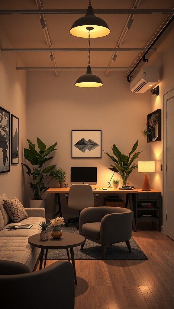 A cozy small office with warm lighting, featuring pendant lights and a table lamp, surrounded by plants.