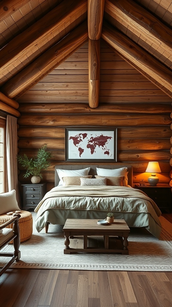 Cozy log cabin bedroom featuring wooden walls, a comfortable bed, and a world map on the wall.