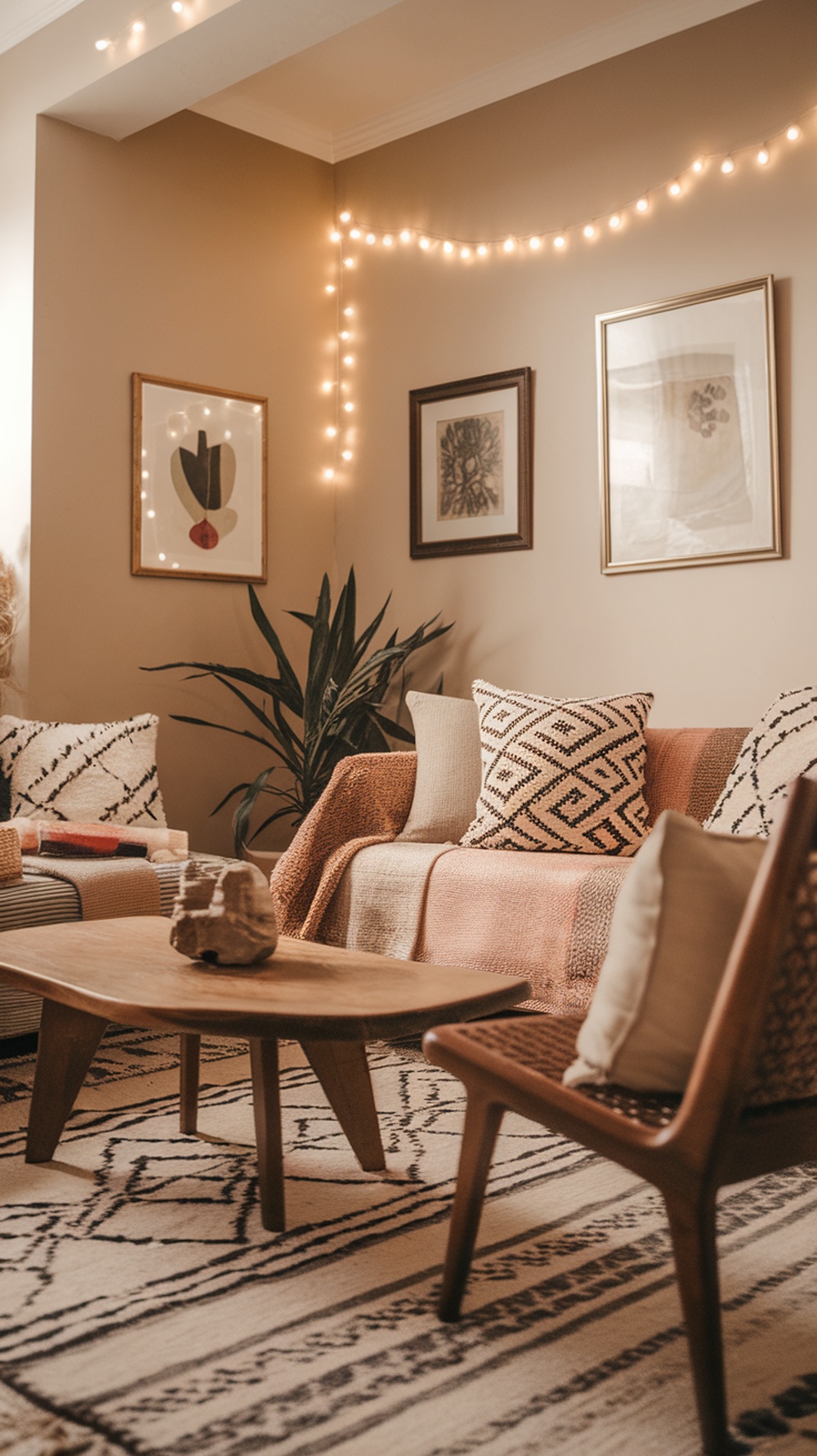A cozy boho-style living room with warm lighting, decorative pillows, and a wooden coffee table.