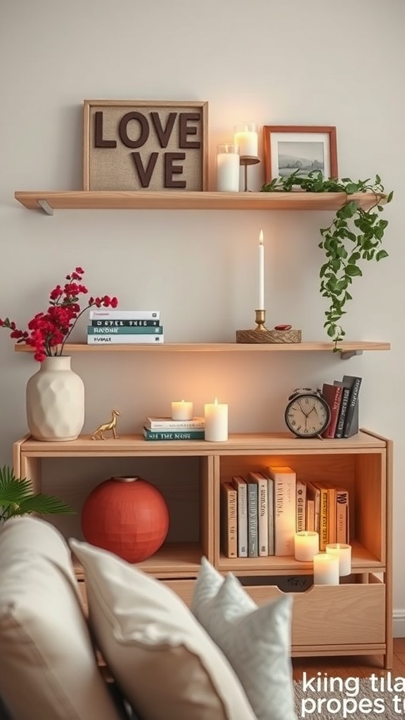 A cozy bedroom shelf with candles, books, and decorative items, creating a romantic atmosphere.