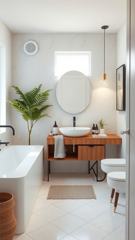 Modern bathroom featuring a unique round sink on a wooden vanity, with a plant and stylish lighting.