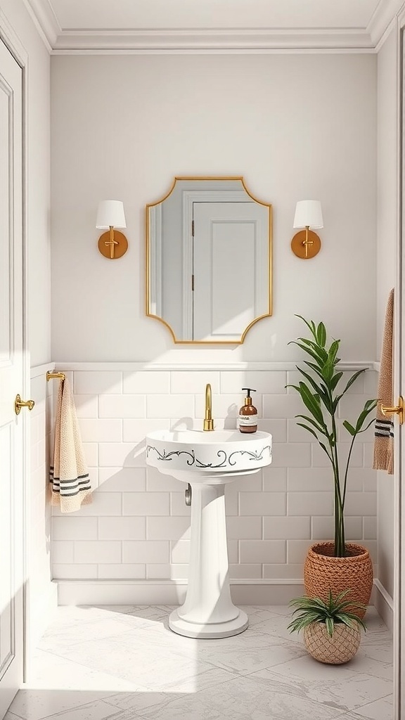 A stylish small powder room featuring a unique pedestal sink with floral design, gold faucet, and decorative plants.